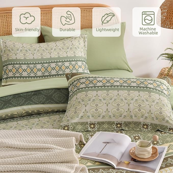 Boho Comforter Set Queen Size,7 Pieces Sage Green Bedding Set Bed in a Bag,Paisley Floral Comfortet and Sheet Set,Soft Striped Bohemian Comforter with Sheet for All Season
