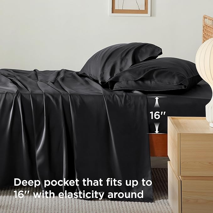Bedsure Cooling Sheets Twin, Rayon Derived from Bamboo, PureWoven, Breathable & Soft Twin Sheets Set, Deep Pocket Up to 16 Inches, Hotel Luxury Silky Bedding for Hot Sleepers, Black