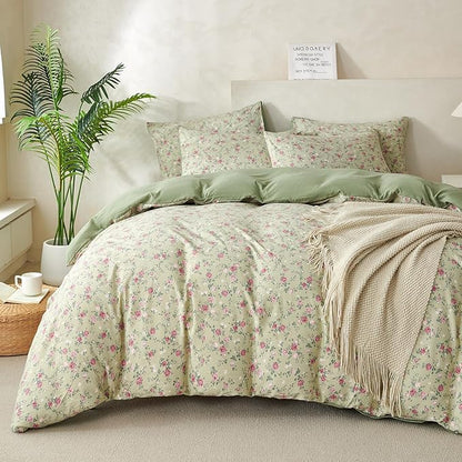 Queen Comforter Set Floral Soft 3 Pieces Chic Crinkle Gauze Fabric Garden Style Floral Print Botanical Comforter for All Seasons Luxury Warmth Comfy Breathable with 2 Pillowcases