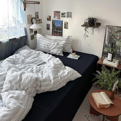 MKXI Twin XL Size Duvet Cover Set - 100% Washed Cotton Blue & White Striped Bedding, Soft & Breathable 3-Piece Set with Zipper Closure & Corner Ties, Modern Coastal Vintage Style