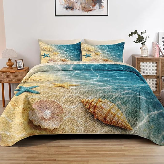 Quilt Set Full/Queen Size, Summer Beach Seashell 3 Pcs Soft Bed Cover Bedding Set for Kids and Adults, Blue Ocean Sea Shell Lightweight Bedspread Coverlet with Pillow Sham for All Season