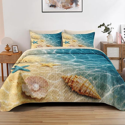 Quilt Set King Size, Summer Beach Seashell 3 Pcs Soft Bed Cover Bedding Set for Kids and Adults, Blue Ocean Sea Shell Lightweight Bedspread Coverlet with Pillow Sham for All Season