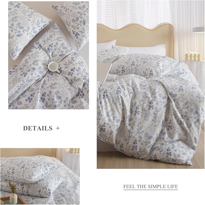 VM VOUGEMARKET Duvet Cover Full 3 PCS Blue Floral Bedding Set Botanical Printed on White Duvet Cover Soft Cotton Comforter Cover with Zipper Closure 4 Ties for Teen Girls-80x90 Inch