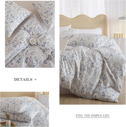 VM VOUGEMARKET Duvet Cover Full 3 PCS Blue Floral Bedding Set Botanical Printed on White Duvet Cover Soft Cotton Comforter Cover with Zipper Closure 4 Ties for Teen Girls-80x90 Inch
