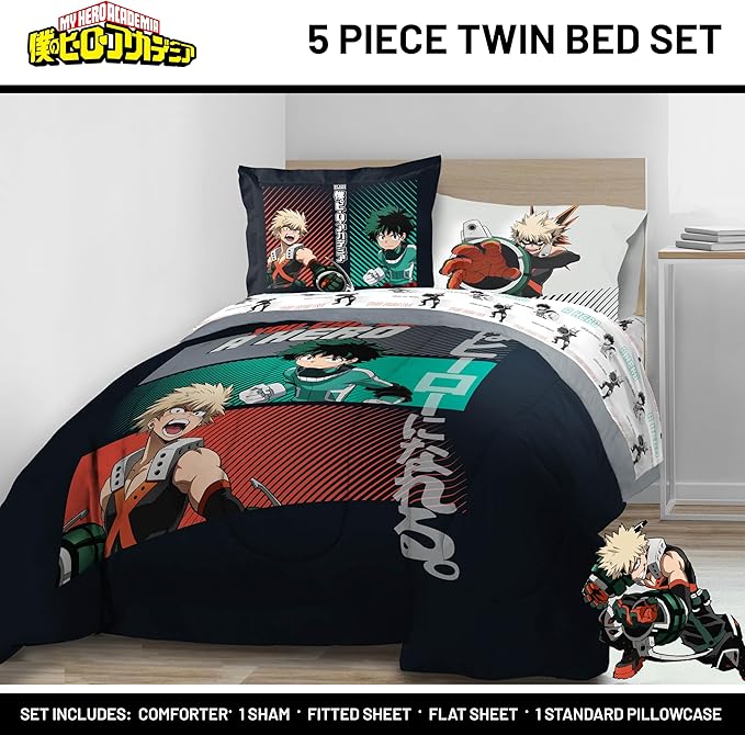 Jay Franco Kids Comforter Set Includes Sheets and Pillow Covers - Soft and Cozy Bed Set for Stylish Room Decor, Black - My Hero Academia, 5 Piece Twin Size Bedding