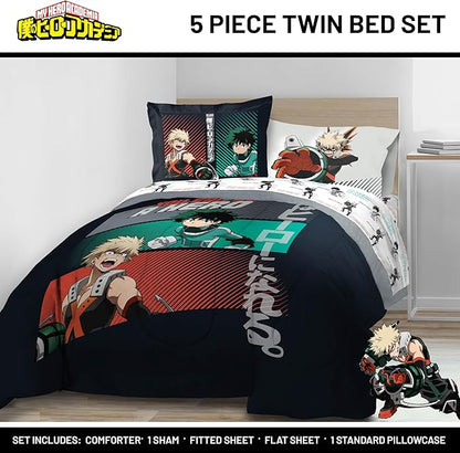 Jay Franco Kids Comforter Set Includes Sheets and Pillow Covers - Soft and Cozy Bed Set for Stylish Room Decor, Black - My Hero Academia, 5 Piece Twin Size Bedding