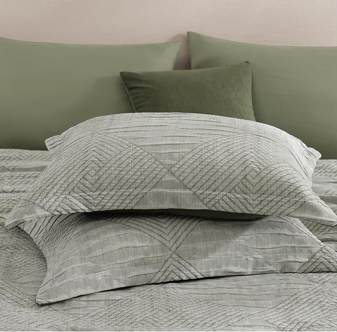 MaiRêve King Comforter Set Crinkle Textured, Light Olive Green Diamond Boho Bedding Set 7 Pieces Bed in A Bag, All Season Geometric Comforter Set with Sheets, Pillowcases & Shams