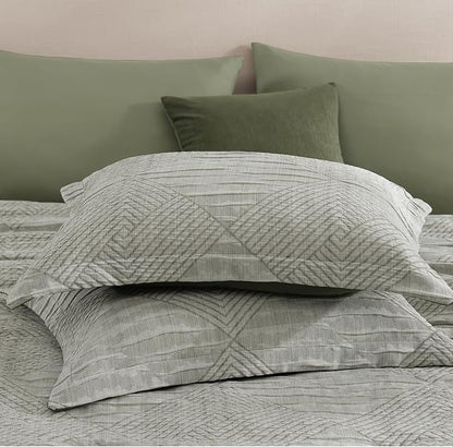 MaiRêve King Comforter Set Crinkle Textured, Light Olive Green Diamond Boho Bedding Set 7 Pieces Bed in A Bag, All Season Geometric Comforter Set with Sheets, Pillowcases & Shams