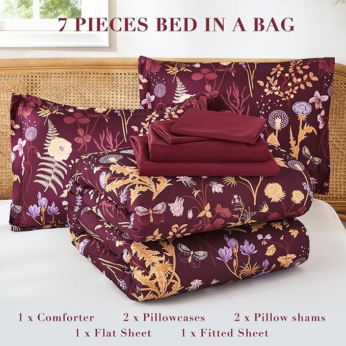 Yiran King Size Comforter Set 7 Piece, Burgundy Floral Bedding Set, Lightweight Bed in a Bag King with Botanical Flowers Spring, Soft Warm Dark Red Comforters with Sheets Complete for All Season