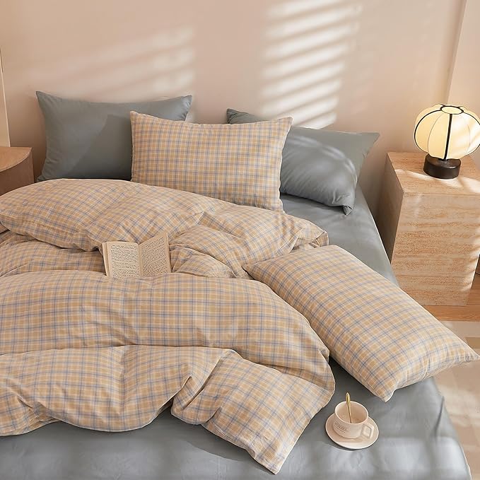 HighBuy Yellow Gingham Comforter Set Twin XL Size Dust Blue Plaid Bedding Comforter Sets Boho Comforter Hotel Quality Bedding Sets with Sham Set for All Season,Teen Boys Checkered Comforters