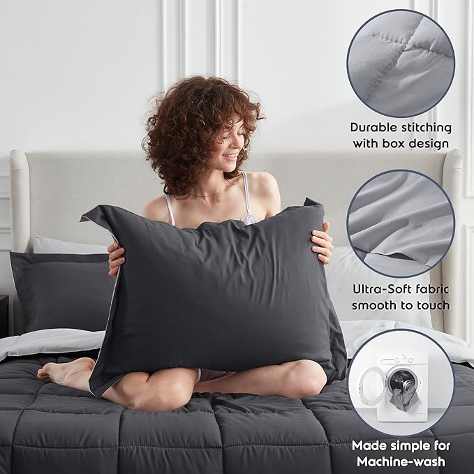 Nestl 7 Piece California King Comforter Set – Dark Grey Reversible Bed in a Bag – Complete Cal King Size Bedding Set with Sheets, Pillowcases and Shams