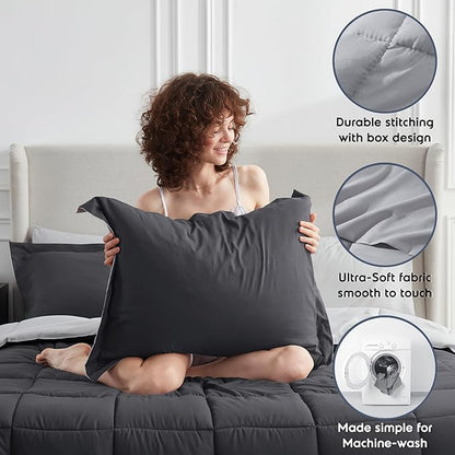 Nestl 7 Piece Full Comforter Set – Dark Grey Reversible Bed in a Bag – Complete Full Size Bedding Set with Sheets, Pillowcases and Shams