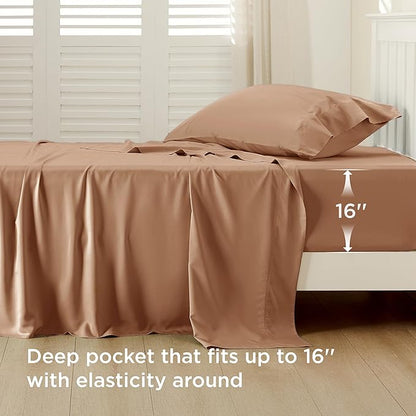 Bedsure Cooling Sheets Twin XL, Rayon Derived from Bamboo, PureWoven, Breathable & Soft Twin XL Sheet Sets, Deep Pocket Up to 16 Inches, Hotel Luxury Silky Dorm Bedding for Hot Sleepers, Khaki