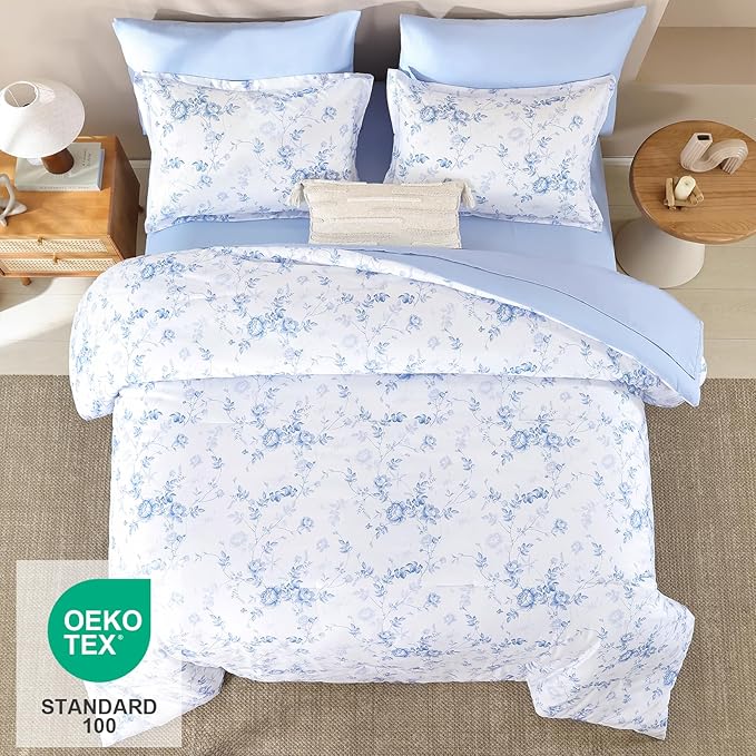 Luxudecor Floral King Comforter Set 7 Pieces Bed in a Bag, Blue Rose Romantic Flower Bed Set, Soft Reversible Comforter with Sheet Set 104"x90"