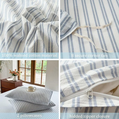 Striped Duvet Cover Set 100% Washed Cotton Linen Like Soft Feelling Breathable Bedding(White/Cornflower Blue Strip,Full)