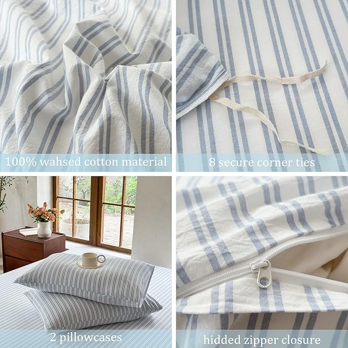 Striped Duvet Cover Set 100% Washed Cotton Linen Like Soft Feelling Breathable Bedding(White/Cornflower Blue Strip,Twin)