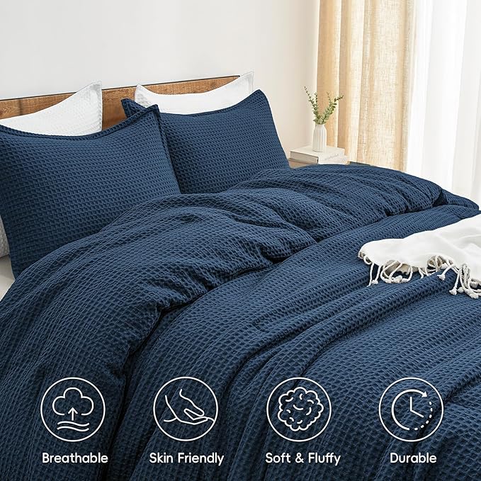 PHF Ultra Soft Waffle Weave Comforter Set California King Size, 3 Pieces Lightweight Breathable Comfy Bedding Set, Comfy Textured 1 Comforter with 2 Pillow Shams, Navy Blue