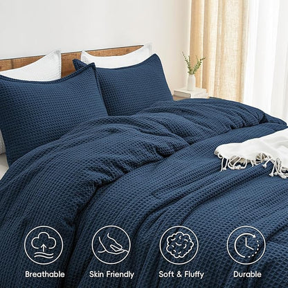 PHF Ultra Soft Waffle Weave Comforter Set King Size, 3 Pieces Lightweight Breathable Comfy Bedding Set, Comfy Textured 1 Comforter with 2 Pillow Shams, Navy Blue
