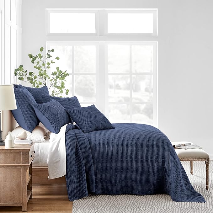 Levtex Home Mills Waffle Queen Bedspread Set (104x106in) with 2 Pillow Shams (26x20in) - Navy - 100% Cotton Queen Size Bedspread Set - Lightweight, Soft, Pre-Washed