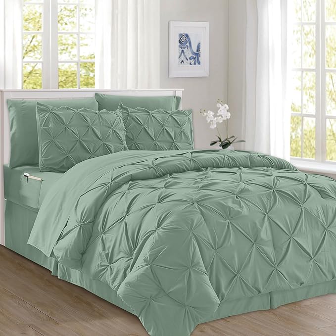 Elegant Comfort 8-Piece Pinch Pleated Comforter Set - All Season Complete Bed in a Bag, Includes 4pc Smart Sheet Set, Bed Skirt, Comforter, Matching Pillowcases and Shams, King/Cal King, Sage Green