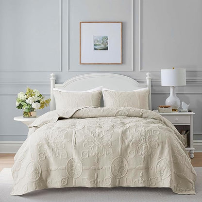 Light Beige Damask Quilt King Size Bedding Sets with 2 Pillow Shams, Boho Bedspread Lightweight Soft Farmhouse Vintage Bohemian Coverlet Retro Jacquard Pattern Bed Cover for All Season, 3 Pieces
