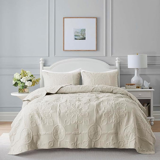 Light Beige Damask Quilt California Cal King Size Bedding Sets with 2 Pillow Shams, Oversized Boho Bedspread Lightweight Soft Farmhouse Vintage Coverlet Jacquard Bed Cover for All Season, 3 Pieces