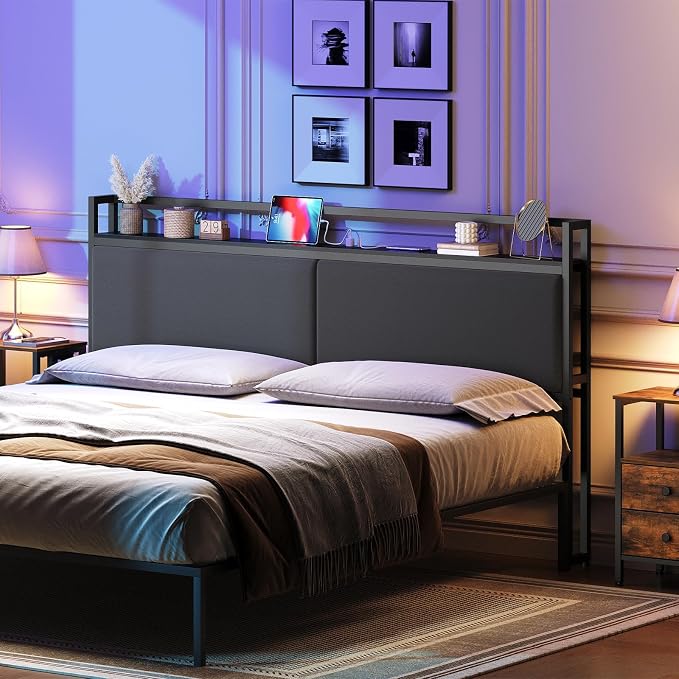 King Size Headboard Only with Storage Shelves, Upholstered Headboard with Charging Station, Height Adjustable, Sturdy and Stable, Vintage Style, Black