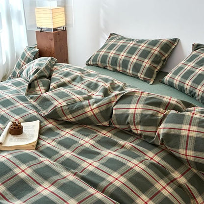 EAVD Vintage Green Buffalo Plaid Comforter Set Queen Soft 100% Washed Cotton Retro Green&Red Grid Checkered Bedding Set with 2 Pillowcases Farmhouse Gingham Comforter Set for All-Season