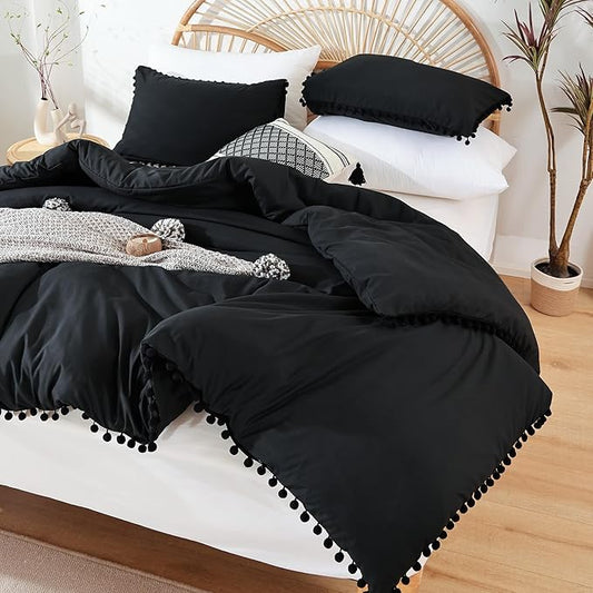 YIRDDEO Full Size Comforter Sets - Full Size Comforter with Ball Pom Fringe, Soft Bedding Set for All Seasons - 3 Pieces, 1 Comforter (79"x90") & 2 Pillow Shams(20"x26"), Black