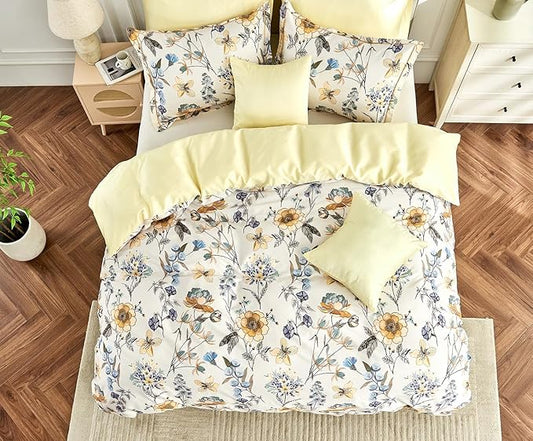 Queen Size Duvet Cover Set with Button Closure - Blue and Yellow Botanical Luxury Bedding for a Comfortable Sleeping