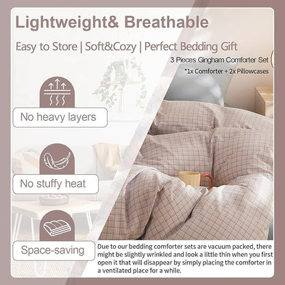 EAVD Pink Blue Grid Plaid Comforter Set Full Soft Fluffy Gingham Comforter Set 3 Pieces Modern Style Grid Checkered Pattern Bedding Set with 2 Pillowcases Reversible Gingham Bedding Set for All-Season