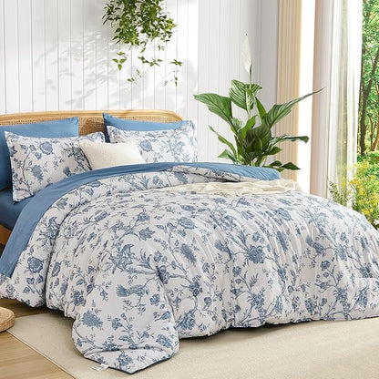 Luxudecor Floral Comforter Set King Size 7 Pieces, Blue Flower with Bird Bed in a Bag, Soft Reversible Comforter with Sheet Bed Set 104"x90"