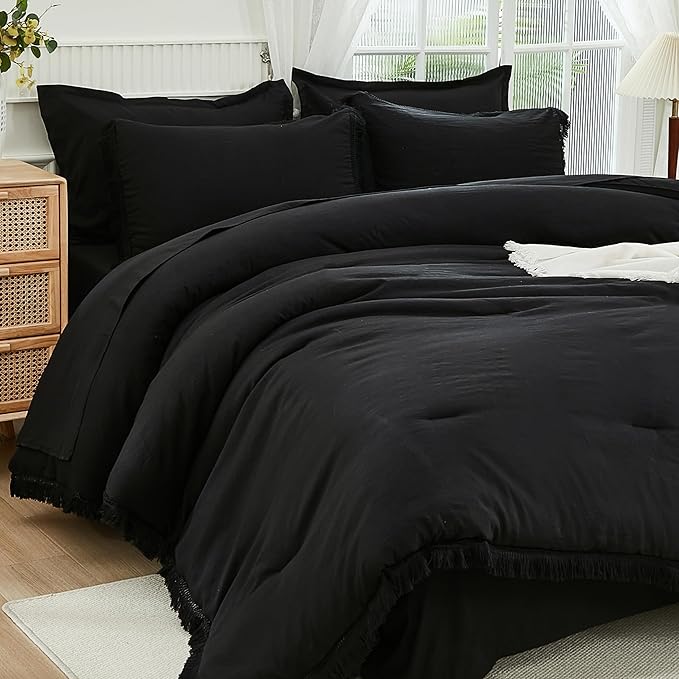 Andency Black Queen Size Comforter Set with Sheets - 7 Pieces Boho Tassel Bed in a Bag Soft Lightweight Bedding Sets, Black Fringe Bed Set with Comforter, Sheets, Pillowcases & Shams