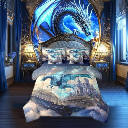 7 Pieces Queen Size 3D Dragon Comforter Set,Funny Fantasy Book Pattern Bedding Set for Kids Room Decor,Mid-Century Castle (Comforter+Fitted+Flat Sheet+2 Pillowcases+2 Throw Pillow Covers