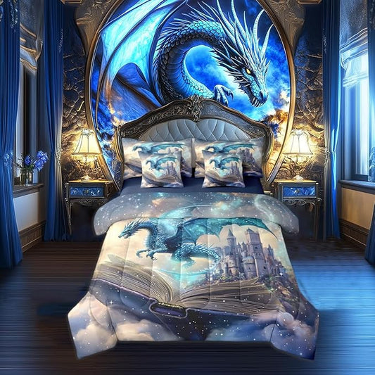 7 Pieces Queen Size 3D Dragon Comforter Set,Funny Fantasy Book Pattern Bedding Set for Kids Room Decor,Mid-Century Castle (Comforter+Fitted+Flat Sheet+2 Pillowcases+2 Throw Pillow Covers