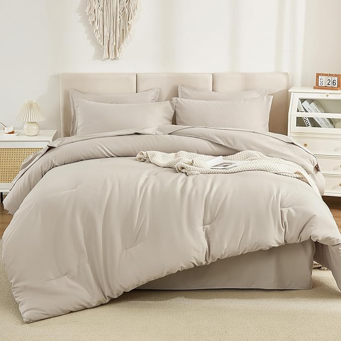 Litanika Comforter California King Size Set Tannish Grey - 7 Pieces Bed in a Bag California King Bedding Comforter Sets, Plain Lightweight Bed Set with Comforter, Sheets, Pillowcases & Shams