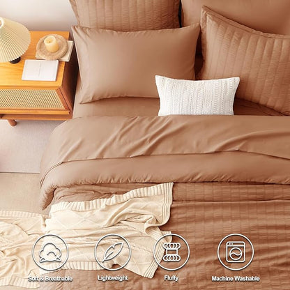 CozyLux Queen Comforter Set Pumpkin Seersucker 7 Pieces Bed in a Bag Queen Comforter Set with Sheets, Luxury Bedding Sets with Down Alternative Comforter, Sheets, Pillowcases & Shams All Seasons
