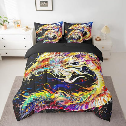 Erosebridal 3D Dragon Bed in a Bag Queen Comforter Set 7 Piece,Watercolor Dragon Scale Bedding Sets Antique Mythical Animal Gothic Sheet Set with Comforter