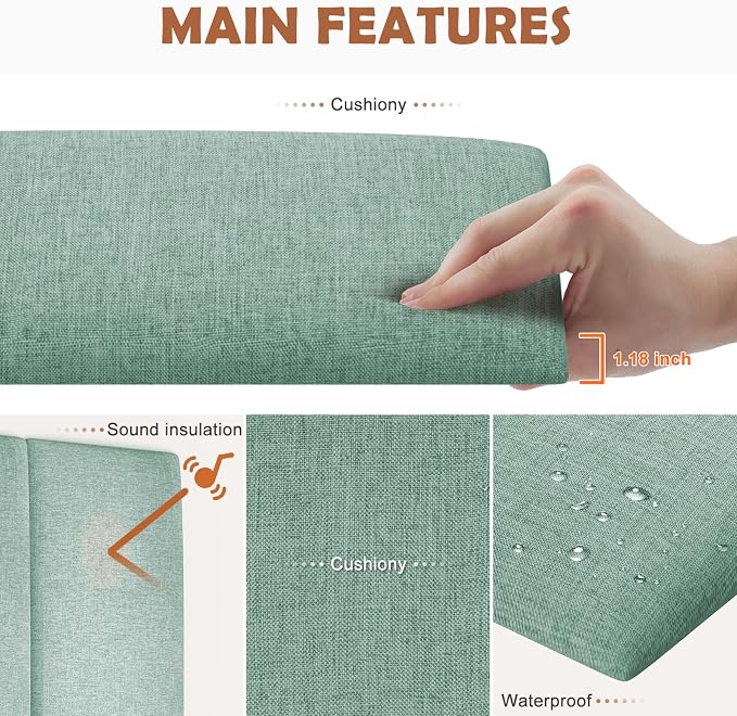 IFNOW Wall Mounted Headboard, Peel and Stick Panels, Grass Green, Queen | 3D Soundproof Acoustic Padding, Reusable and Removable Tufted fabric Bed Headboard for bedroom (9 Panels, 10" x 24")