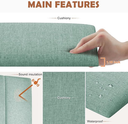IFNOW Wall Mounted Headboard, Peel and Stick Panels, Grass Green, King | 3D Soundproof Acoustic Padding, Reusable and Removable Tufted fabric Bed Headboard for bedroom (12 Panels, 10" x 24")