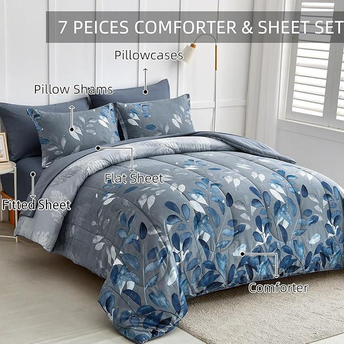 Blue Comforter Set Full Size 7 Piece Botanical Leaves Gradient Bed in a Bag Ultra Soft Microfiber Down Alternative Bedding Set Lightweight Reversible Bed Comforter Set for All Season 78" x 90"