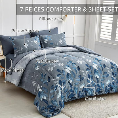 Blue Comforter Set Full Size 7 Piece Botanical Leaves Gradient Bed in a Bag Ultra Soft Microfiber Down Alternative Bedding Set Lightweight Reversible Bed Comforter Set for All Season 78" x 90"