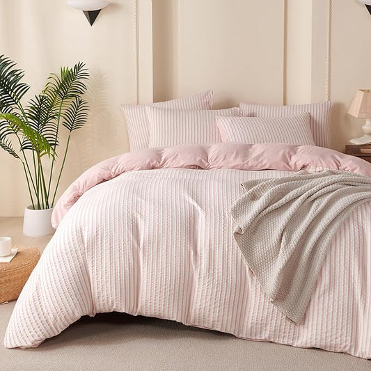 Striped Comforter Set Queen Pink Soft Luxury Washed Microfiber Jacquard 3 Pieces Bedding Set, White Pink Vertical Ticking Stripes Pattern Comforter with 2 Pillowcases Breathable Durable Comfy