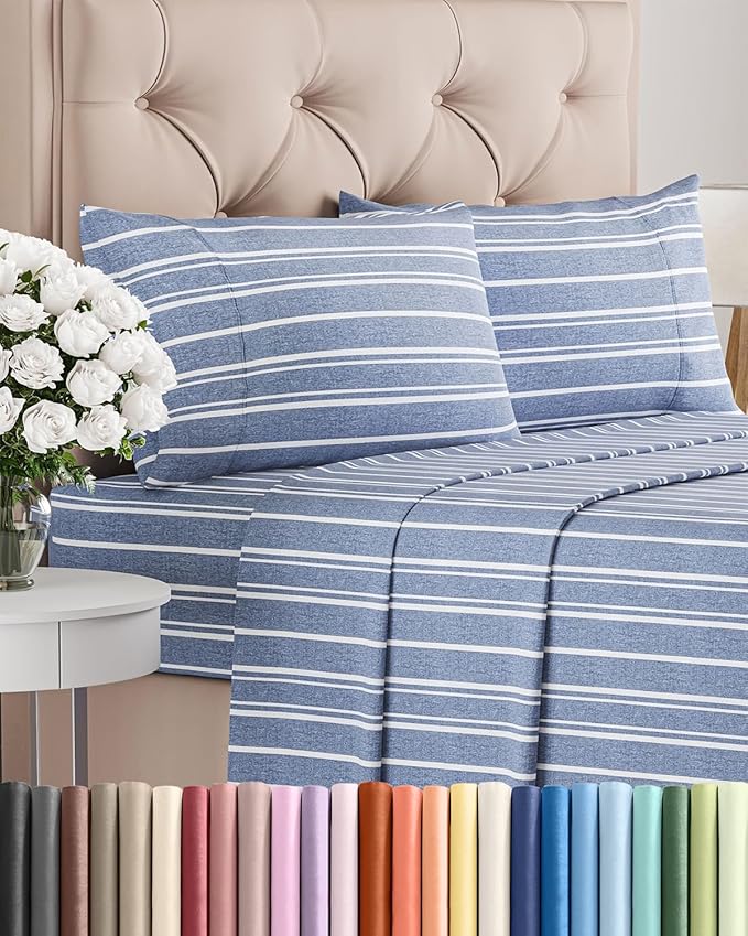 Twin XL 4 Piece Sheet Set - Comfy Breathable & Cooling - Soft Hotel Luxury Bedding Set with 8-16 Inch Deep Pockets - 1 Flat & 1 Fitted Sheet & 2 Pillowcases - Wrinkle Free & Easy Care - Blue Stripes 3