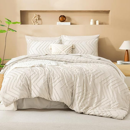 Litanika California King Comforter Set with Sheets Beige - 7 Pieces Bed in a Bag Cal King Cream Boho Tufted Complete Bedding Sets with Comforter, Sheets, Pillowcases & Shams