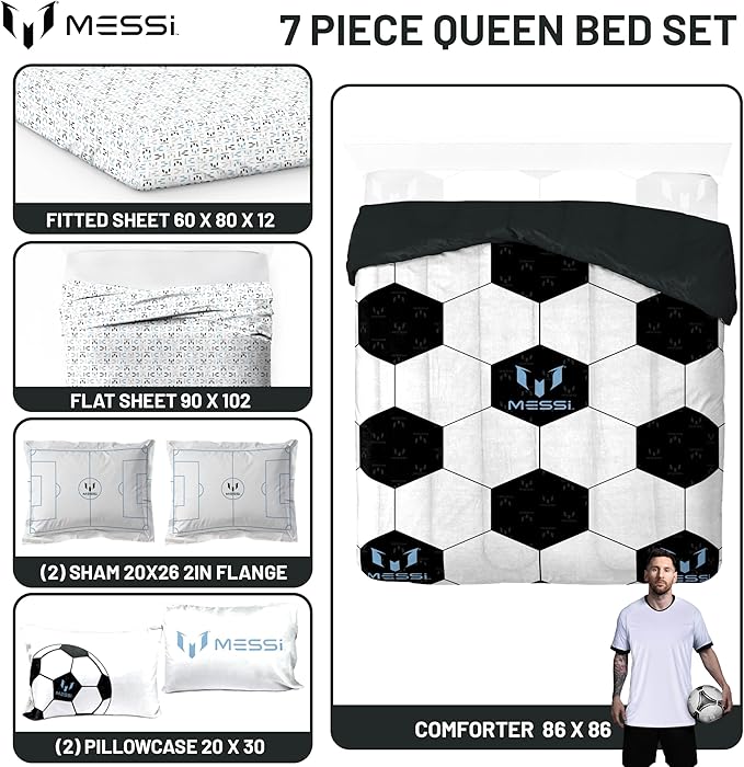Jay Franco Kids Comforter Set Includes Sheets and Pillow Cover - Soft and Cozy Bed Set for Stylish Room Décor, White - Messi, 7 Piece Queen