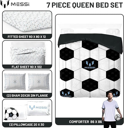 Jay Franco Kids Comforter Set Includes Sheets and Pillow Cover - Soft and Cozy Bed Set for Stylish Room Décor, White - Messi, 7 Piece Queen