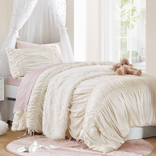 Intelligent Design Ruched Shabby Chic Comforters for Twin Size Bed, All Season Lightweight Comforter Twin, French Country Bedding Set, Sham, Ella, Twin/Twin XL, Ivory, 2 Piece