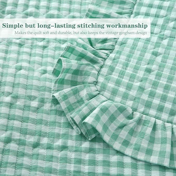 Spa Blue White Ruffle Gingham Quilt Set Queen Size with 2 Pillow Shams, 100% Washed Cotton Yarn-Dyed Quited Bedspread Farmhouse Bedding Set (Spa Blue, Queen) | Ruffle, gingham sheets
