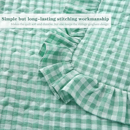 Spa Blue White Ruffle Gingham Quilt Set Queen Size with 2 Pillow Shams, 100% Washed Cotton Yarn-Dyed Quited Bedspread Farmhouse Bedding Set (Spa Blue, Queen) | Ruffle, gingham sheets